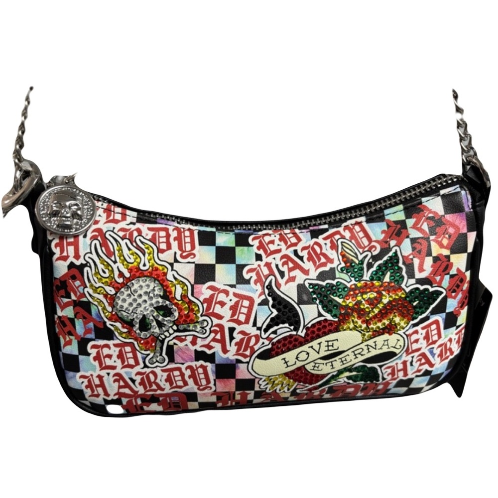 Ed Hardy Black and Red Graphic Shoulder Bag with rhinestones.